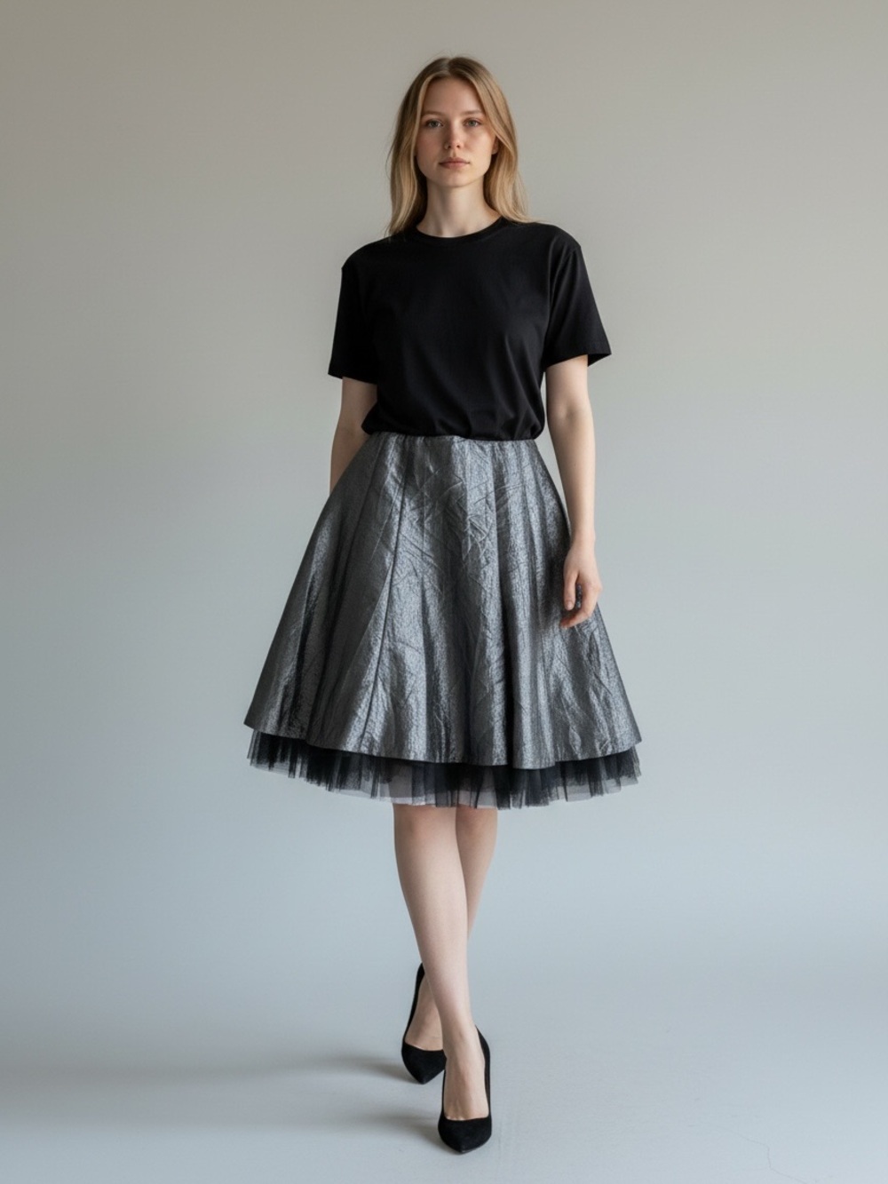 Metallic gray A-line skirt with ruffles EUC MEDIUM